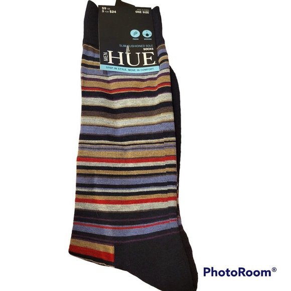HUE Other - 𝅺369 Hue	Men's Half Cushioned Calf Socks wicking	OS	Navy	Multi-stripes